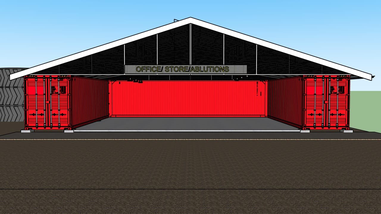3D conceptual design render of an office and storage facility